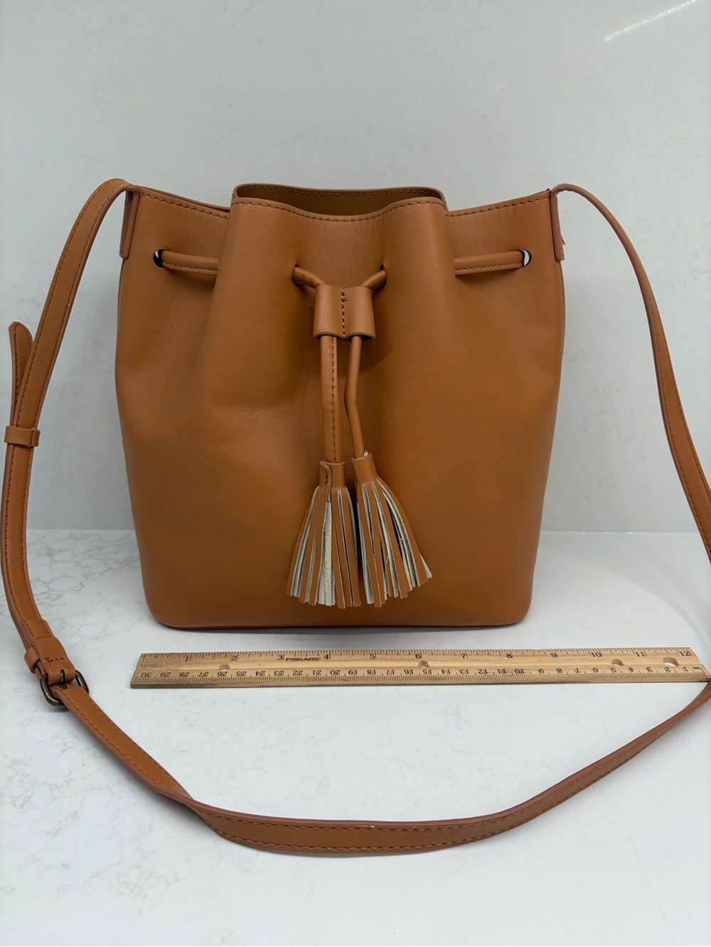 J Crew faux leather Classic Tan Tassel Drawstring Crossbody Bucket Bag